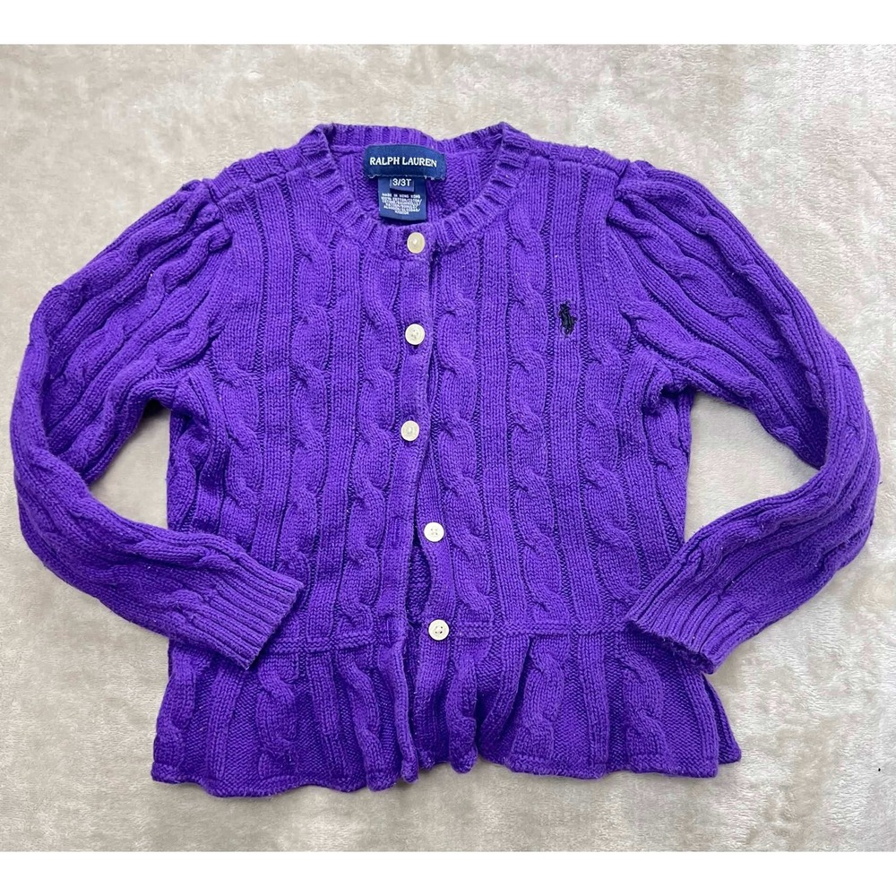 Vintage Ralph Lauren Girls Purple Cable Knit Peplum Cardigan Sweater Size 3/3T